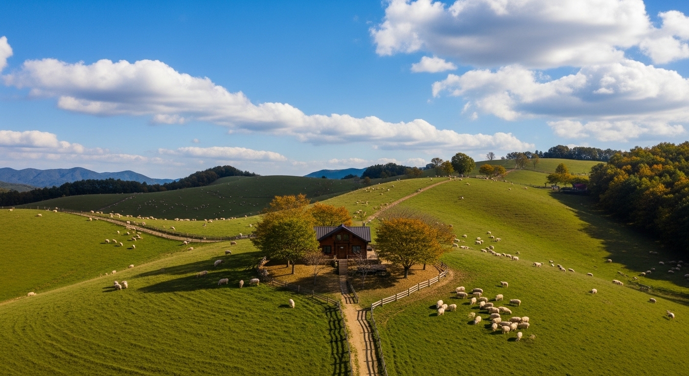 강원도 평창 대관령 양떼목장의 푸른 언덕 위에서 자유롭게 풀을 뜯는 양떼들의 모습. 가을 햇살 아래 평화로운 풍경이 펼쳐져 있다.
