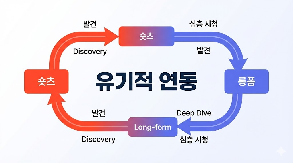 롱폼 영상과 쇼츠의 유기적 연동 구조를 설명하는 직관적인 플로우차트입니다.