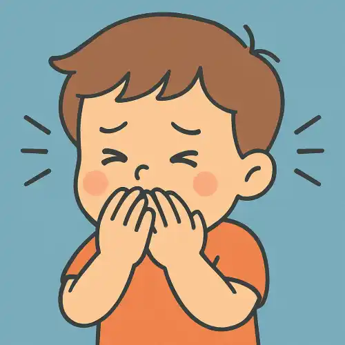 입안을 두 손으로 가리고 아파하는 어린 아이 그림