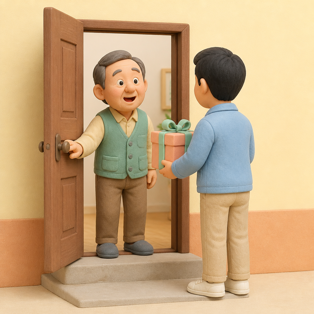 현관문을 열고 뜻밖의 손님을 보고 놀라는 60대 남성