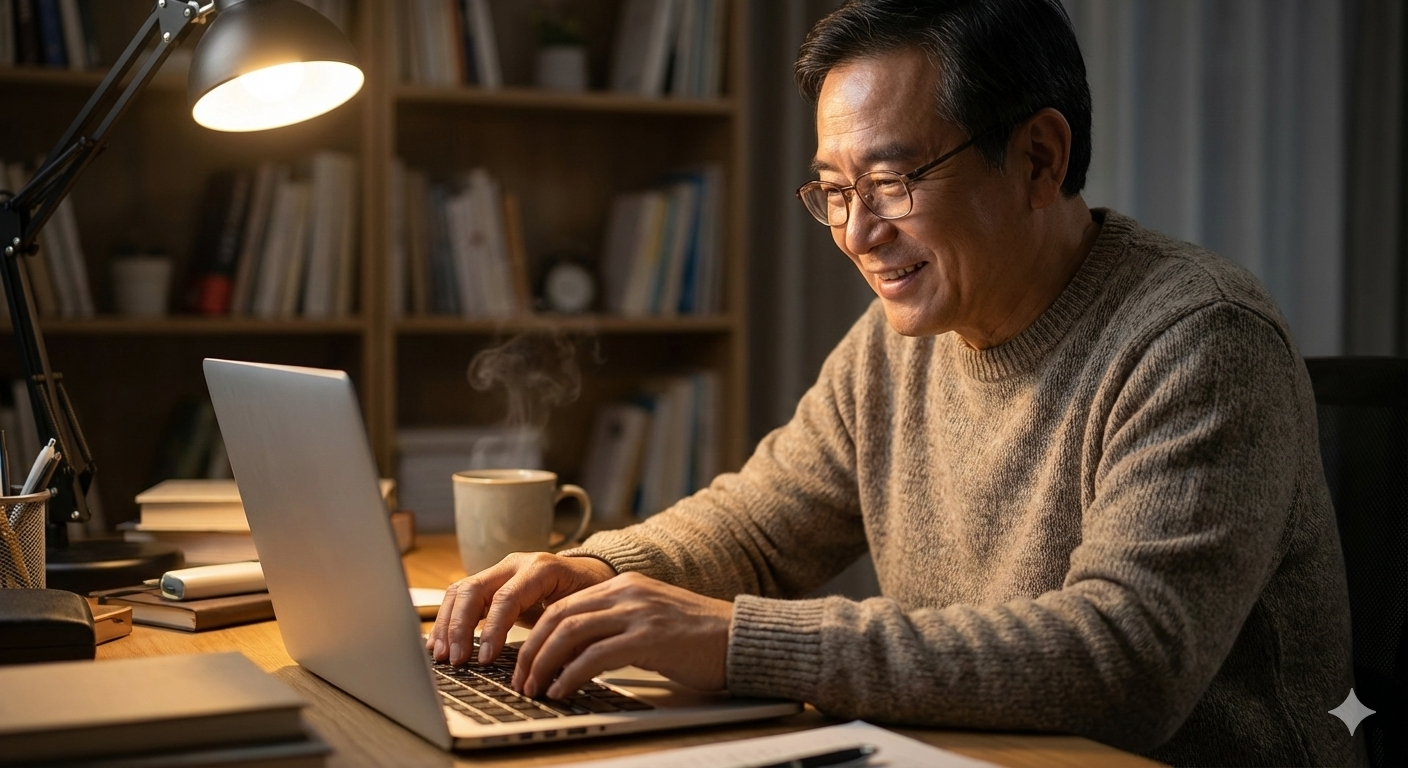 따뜻한 서재 조명 아래, 안경을 쓴 지적인 60대 동양인 남성이 노트북 화면을 바라보며 환하게 미소 짓거나 집중해서 타이핑하는 모습.