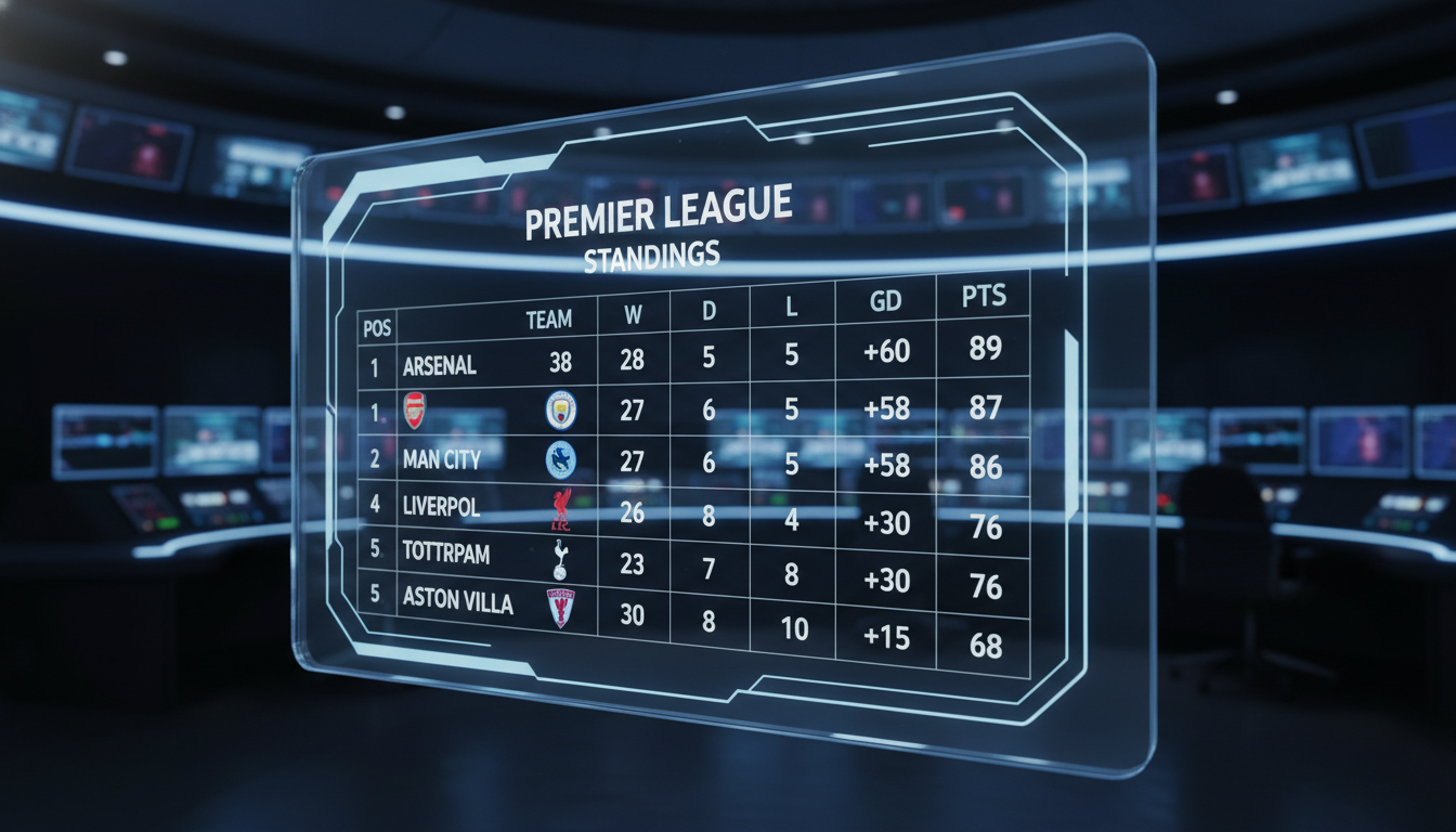 현대적인 디자인으로 표현된 2026년 프리미어리그 주요 상위권 팀들의 순위표 그래픽