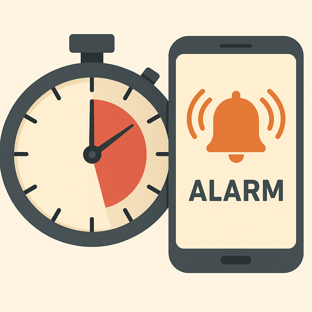 스톱워치와 스마트폰 알람 화면으로 충전 종료 알림을 설정한 모습(무인 충전 방지)