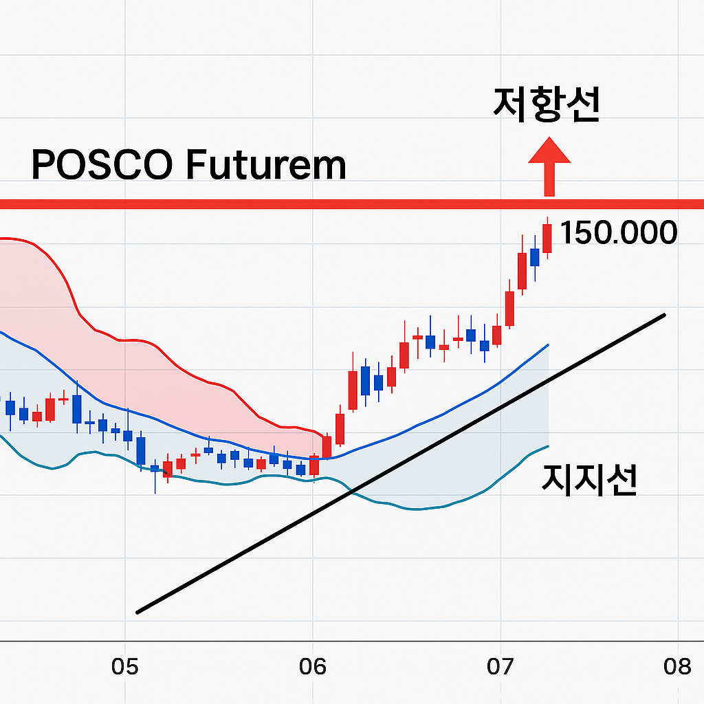 포스코퓨처엠 주가 차트 &mdash; 137,700원 지지선과 150,000원 저항선 표시, 상승 추세선 강조