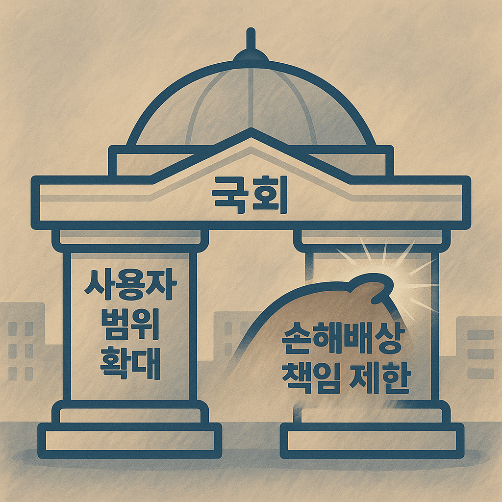 '사용자 범위 확대'와 '손해배상 책임 제한'이라는 두 개의 기둥이 국회를 떠받치고 있는 그래픽