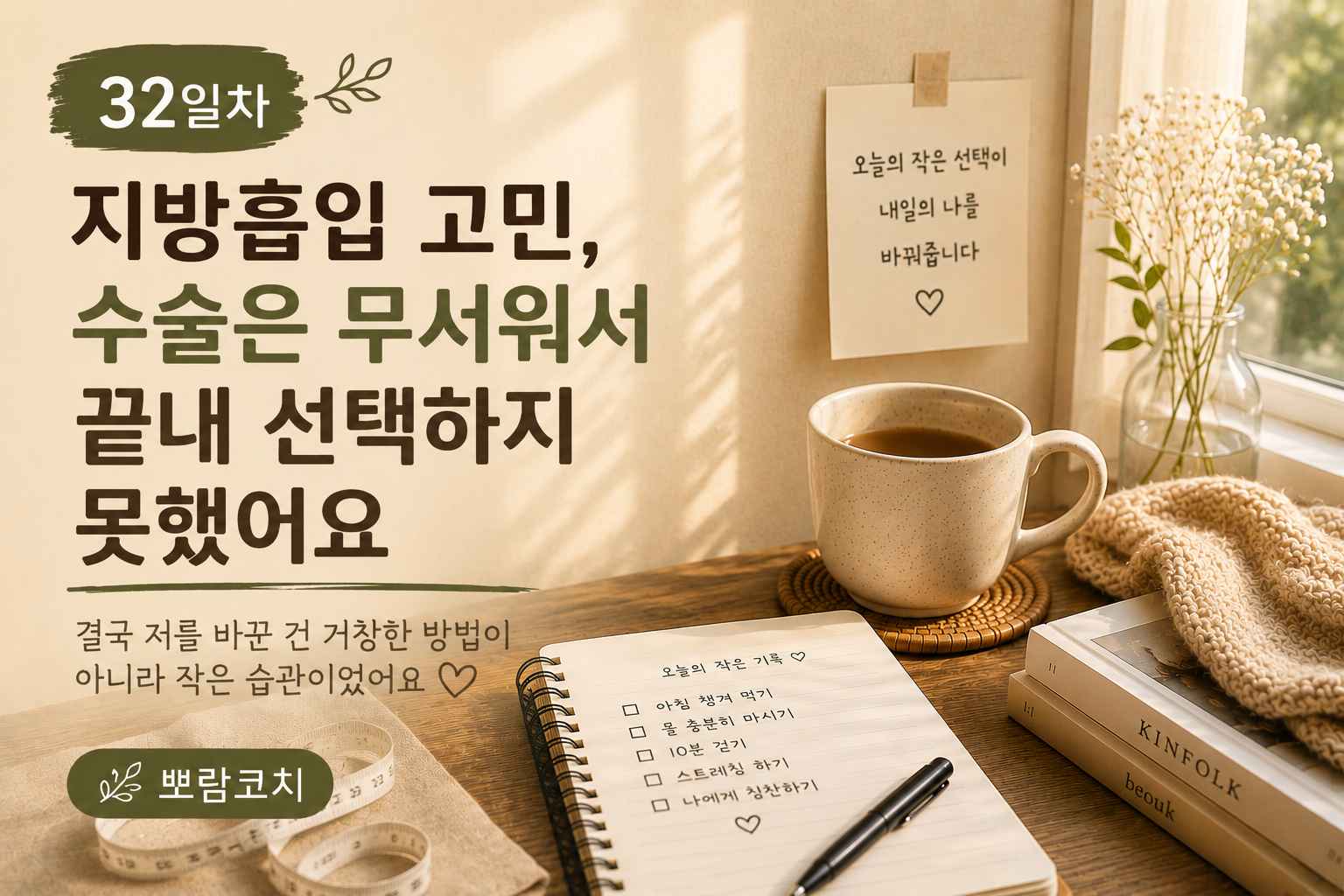 햇살이 비치는 조용한 공간에서 노트와 따뜻한 머그컵을 보며 건강한 변화를 다짐하는 감성 라이프 이미지