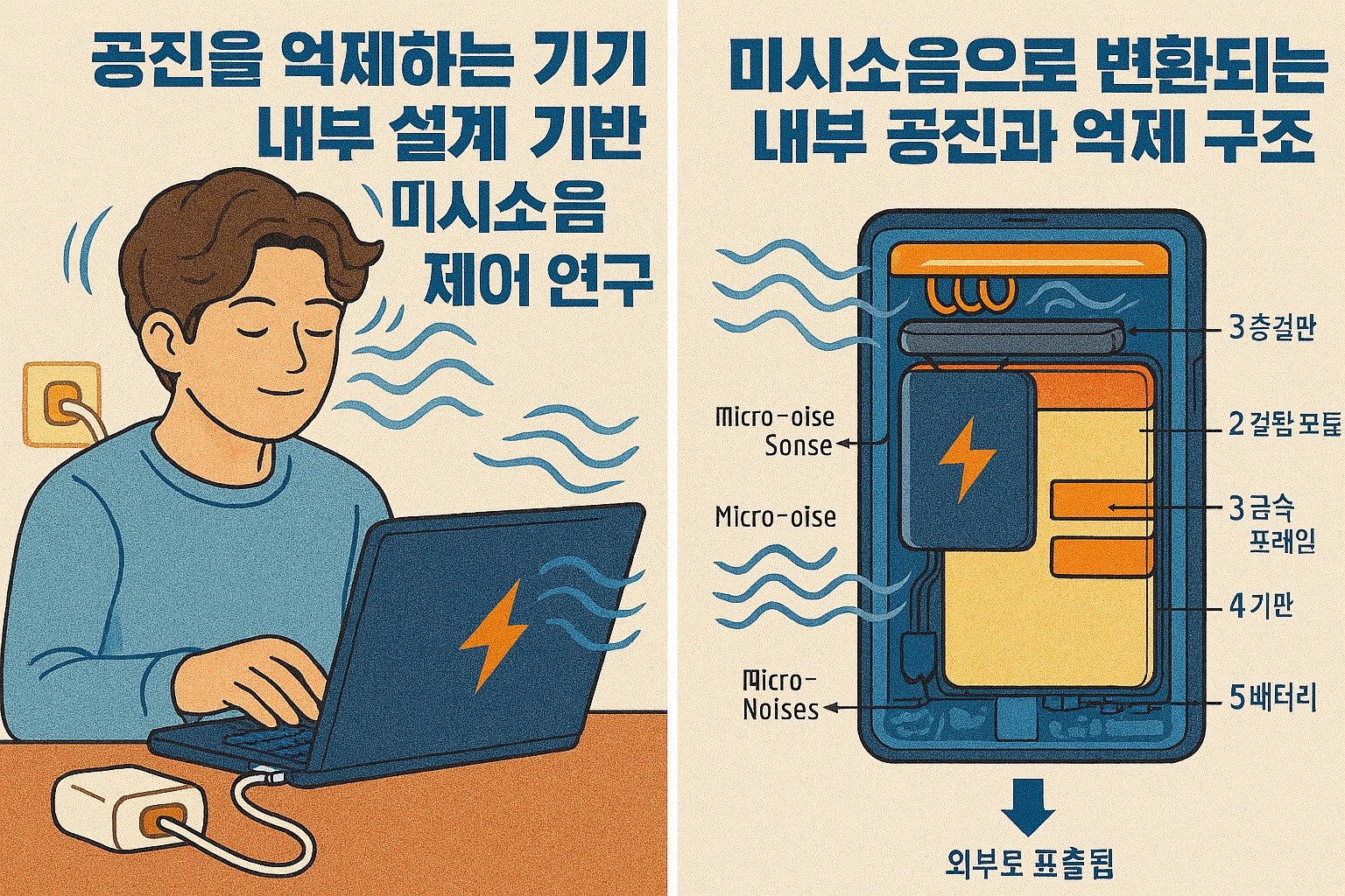 노트북 내부 구조를 기술적으로 도식화하여 공진 억제 설계가 어떻게 작동하는지를 보여주는 이미지