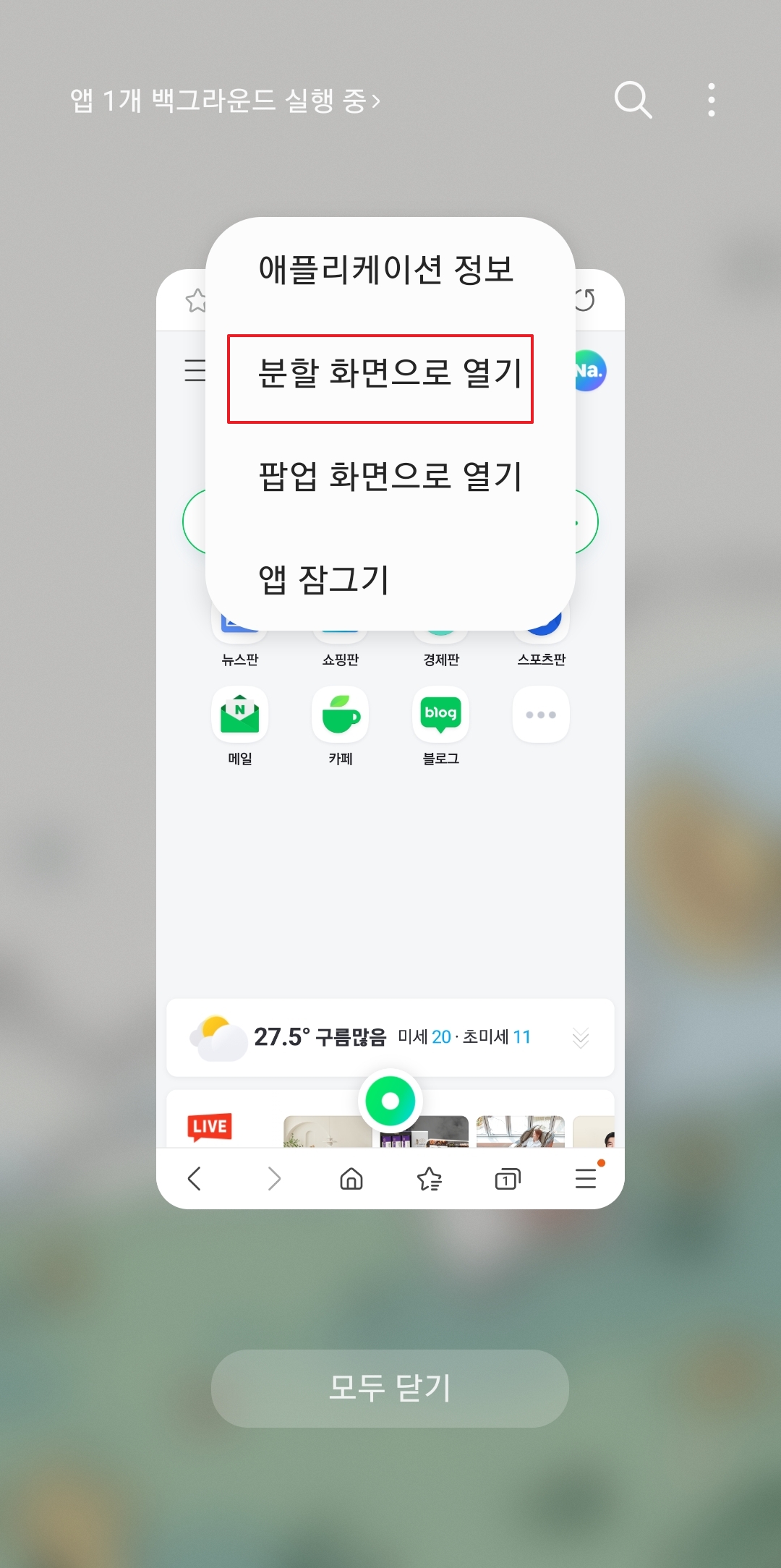 앱 아이콘을 눌렀을 때 나타나는 메뉴에서 분할 화면으로 열기 선택