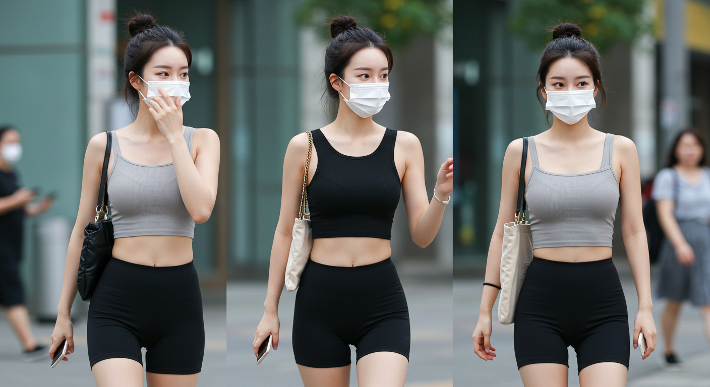 마스크를 쓰고 걸어가는 여인들.