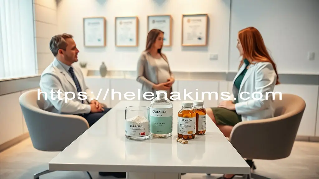 병원 상담실 탁자 위에 콜라겐 병이 놓여 있고 그 옆에 의사와 상담하는 임산부 여성 모습.