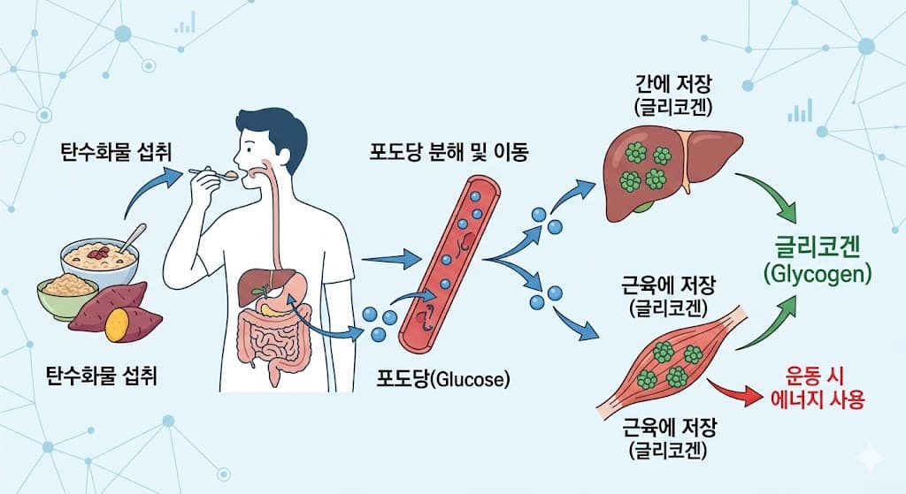 탄수화물 섭취 포도당 분해 근육 간 글리코겐 저장 원리 에너지원 운동 영양학 인포그래픽