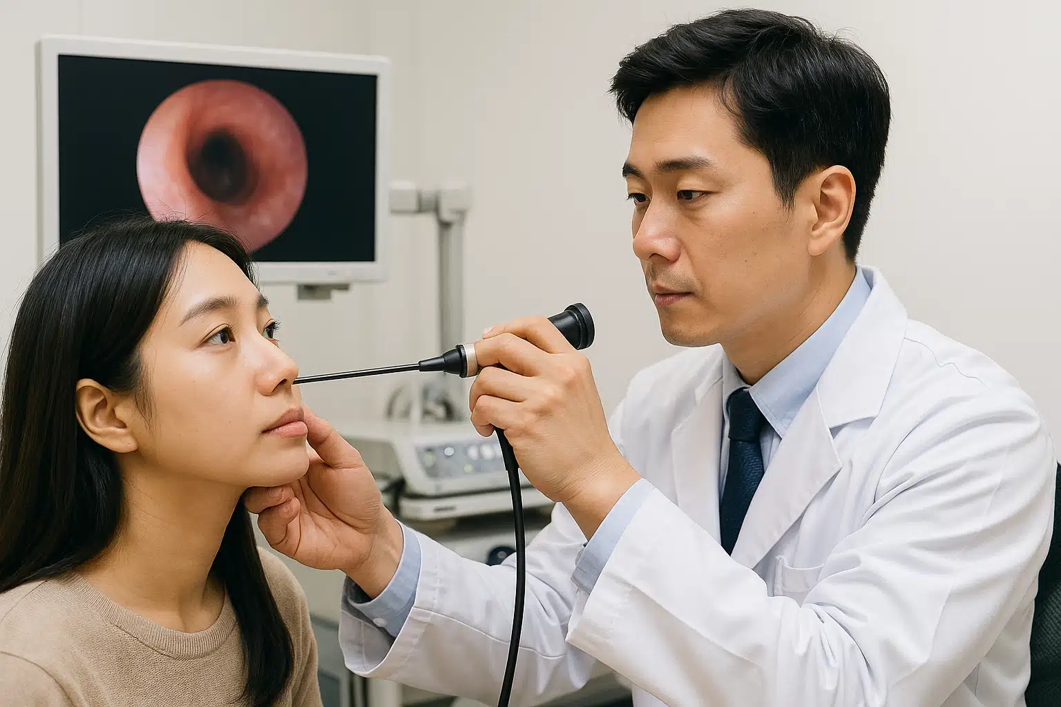 이비인후과 진료실에서 의사가 환자의 코를 내시경으로 검사하는 장면