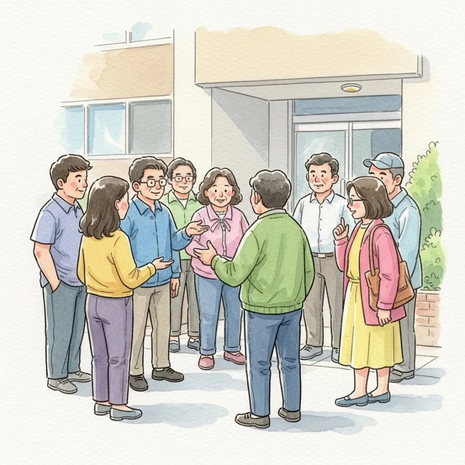 서로 인사를 나누며 주변을 살피는 이웃들