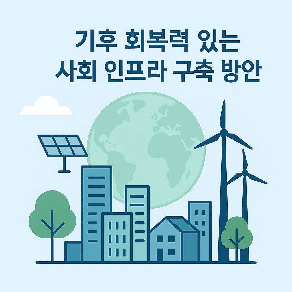 기후 회복력 있는 사회 인프라 구축 방안"이라는 문구 아래에, 현대적인 도시 건물, 풍력 터빈, 태양광 패널, 지구 그림, 나무가 조화롭게 배치된 평면 일러스트. 지속 가능한 에너지와 친환경 도시를 상징적으로 표현함.