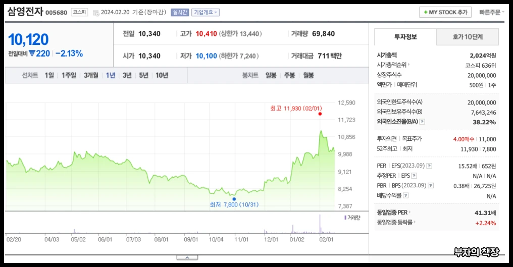하이브리드 자동차 관련주,대장주,친환경정책주_삼영전자 1년주가