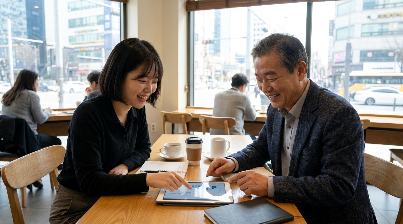 젊은 세대 리더들과 유연하게 협력하며 가치를 발휘하는 시니어 멘토의 모습