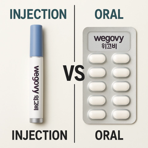 한국어 라벨이 붙은 위고비 경구제 알약 블리스터 팩의 리얼리스틱 사진