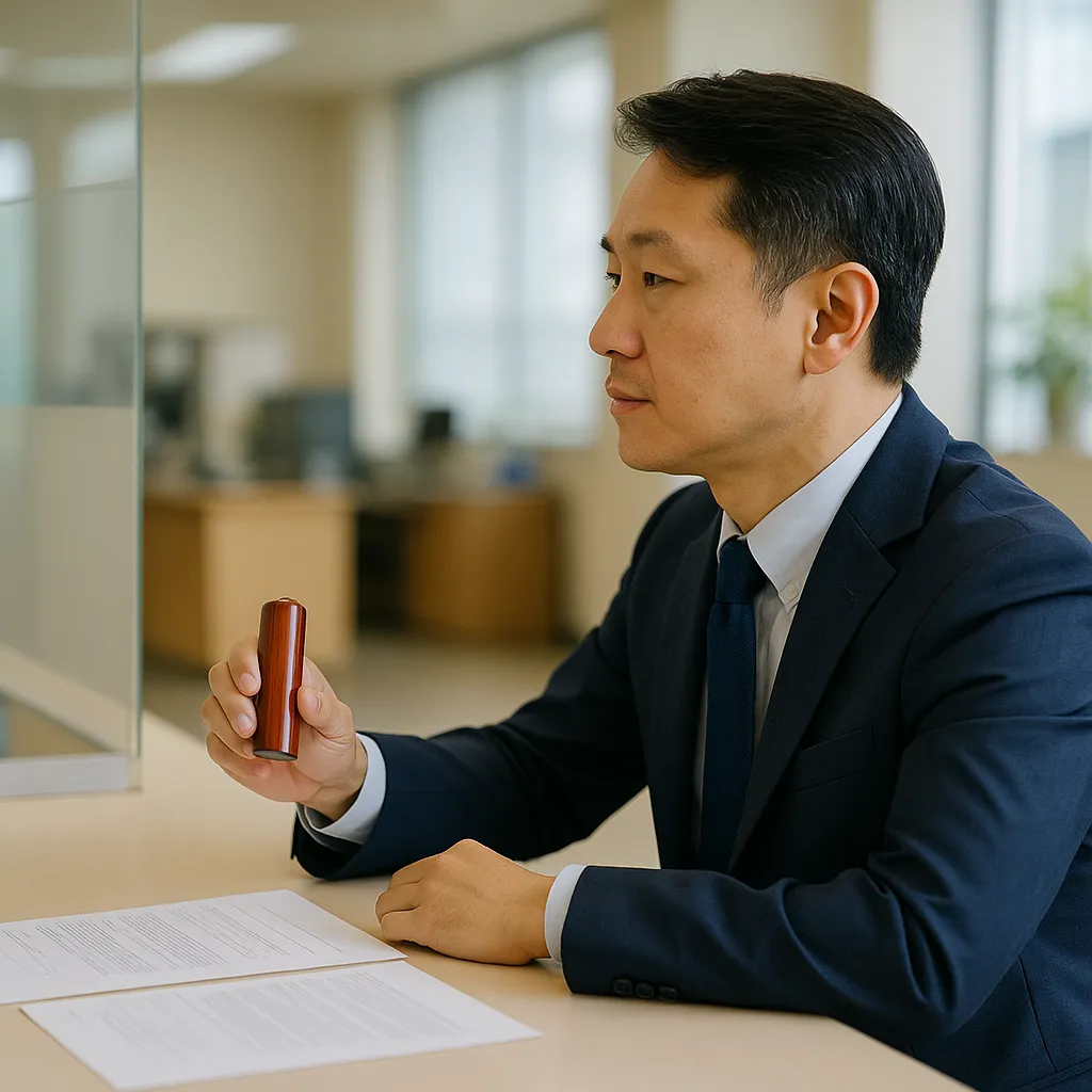공공기관 창구에서 도장을 들고 있는 직장인 모습