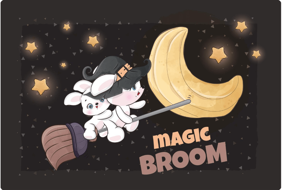 빗자루를 타고 우주로 날아가는 두 마리 토끼