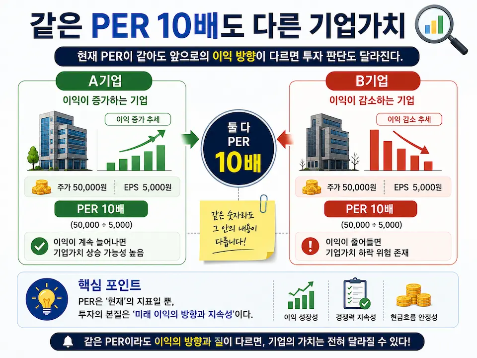 PER은 같지만 이익이 증가하는 기업과 감소하는 기업의 차이를 비교한 투자 인포그래픽