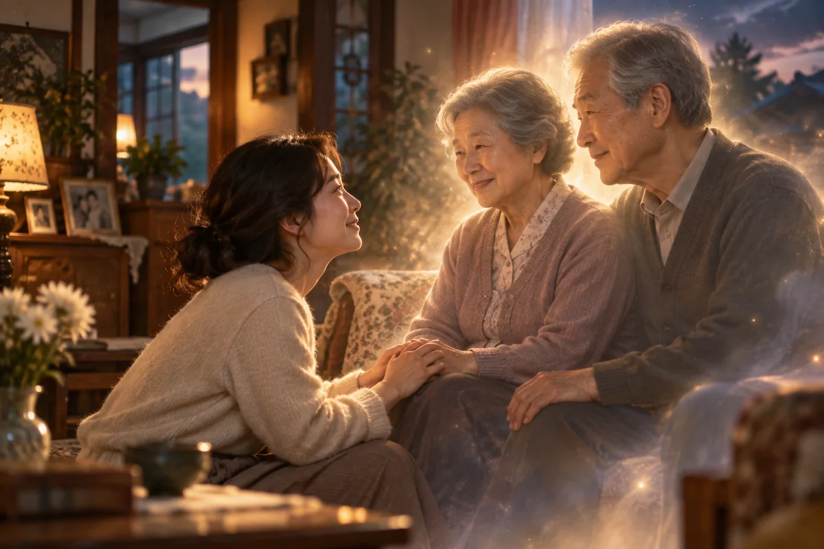 따뜻한 거실에서 돌아가신 부모님을 다시 만나 미소 짓는 꿈 장면