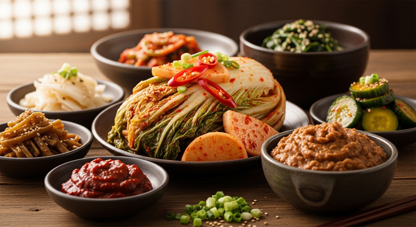 저염 김치, 된장 등 발효 과정을 거친 다양한 한국 전통 발효 식품들이 그릇에 정갈하게 담겨 있는 모습.