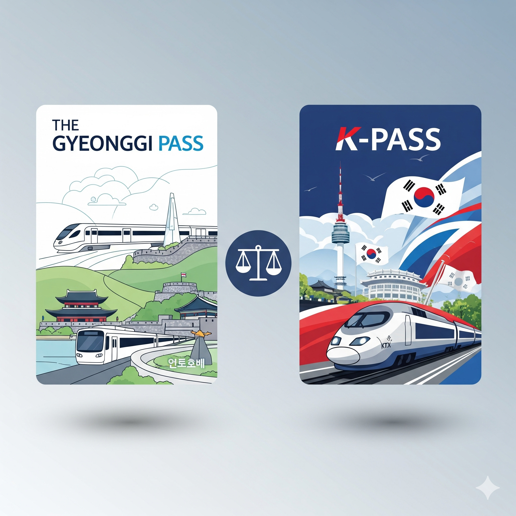 경기도의 더경기패스와 전국의 K패스 교통카드를 나란히 비교하는 일러스트. 왼쪽 더경기패스 카드에는 경기도의 랜드마크와 버스가, 오른쪽 K패스 카드에는 서울N타워와 KTX, 태극기가 그려져 있으며 중앙의 저울 아이콘이 두 카드를 비교하고 있음을 나타냅니다.