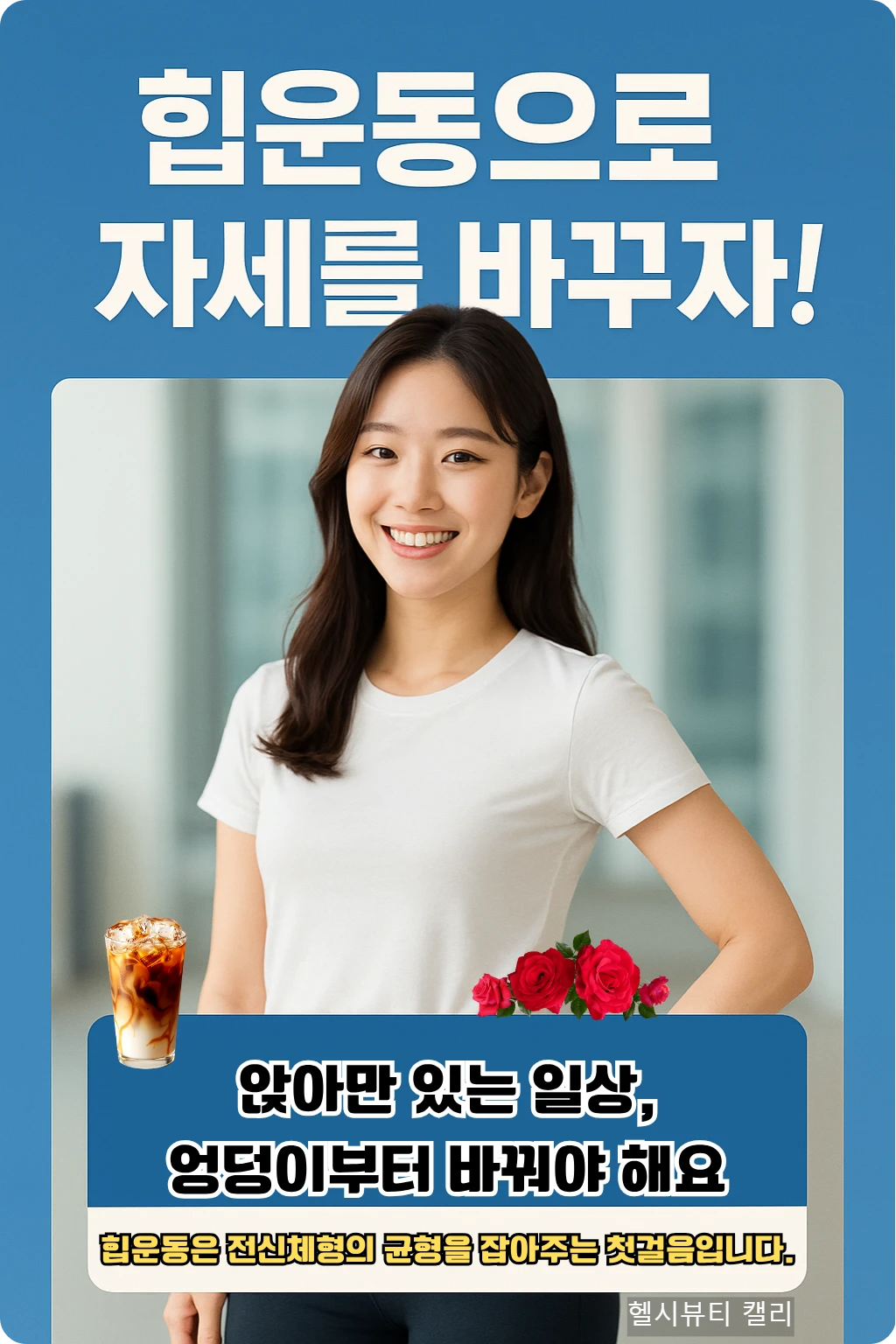 흰 티를 입은 여성과 함께 &ldquo;엉덩이가 바뀌면 몸이 바뀐다&rdquo;는 문구가 돋보이는 힙운동 인포그래픽