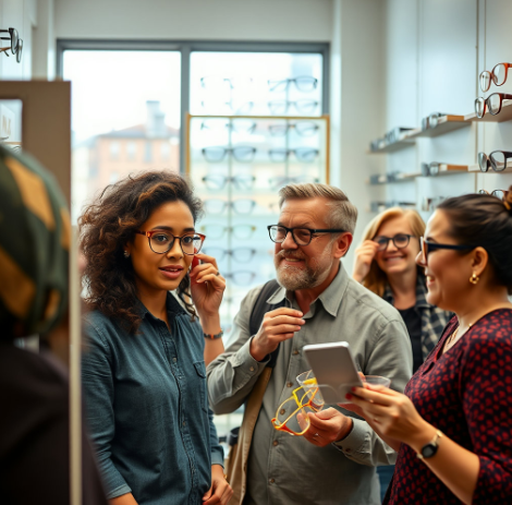 오프라인에서 안경을 착용하는 사람들 사진