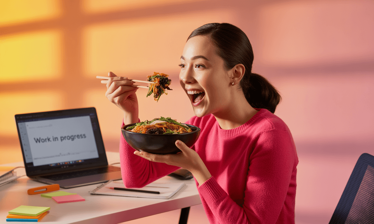 20대-여성-장염-원인-일하다가-식사하는-모습