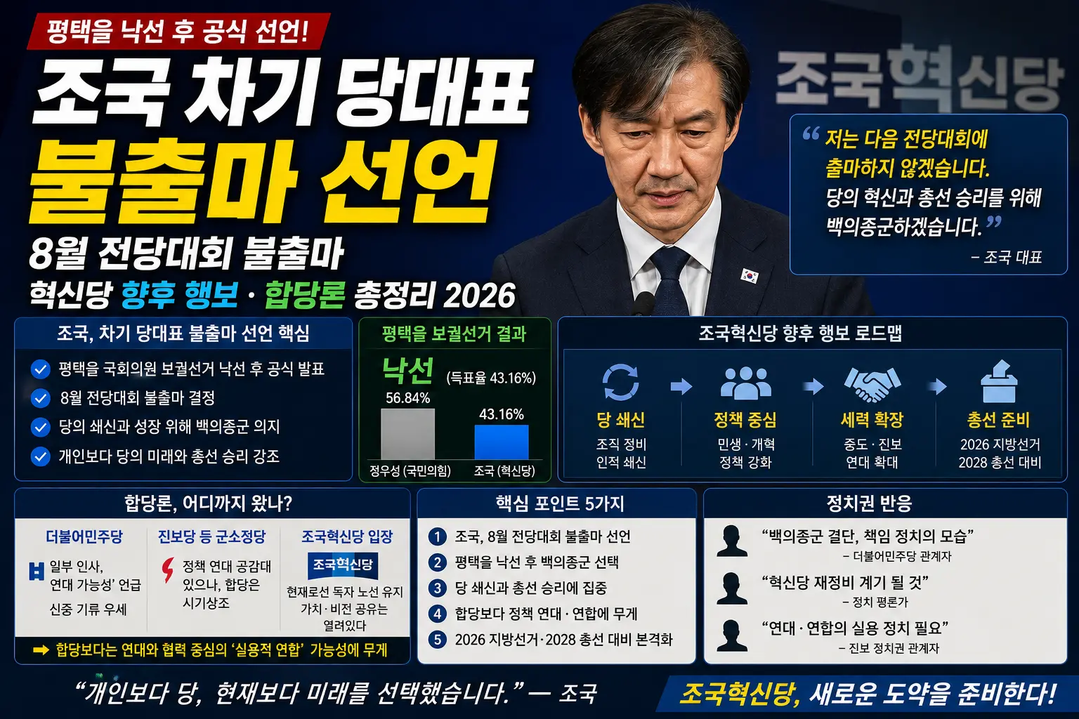 조국 차기 당대표 불출마 선언 — 평택을 낙선 후 8월 전당대회 불출마·혁신당 향후 행보·합당론 총정리 2026