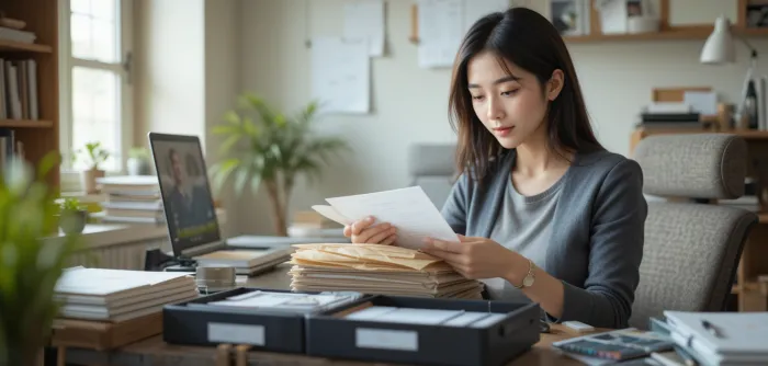우편물과 서류를 정리하는 모습