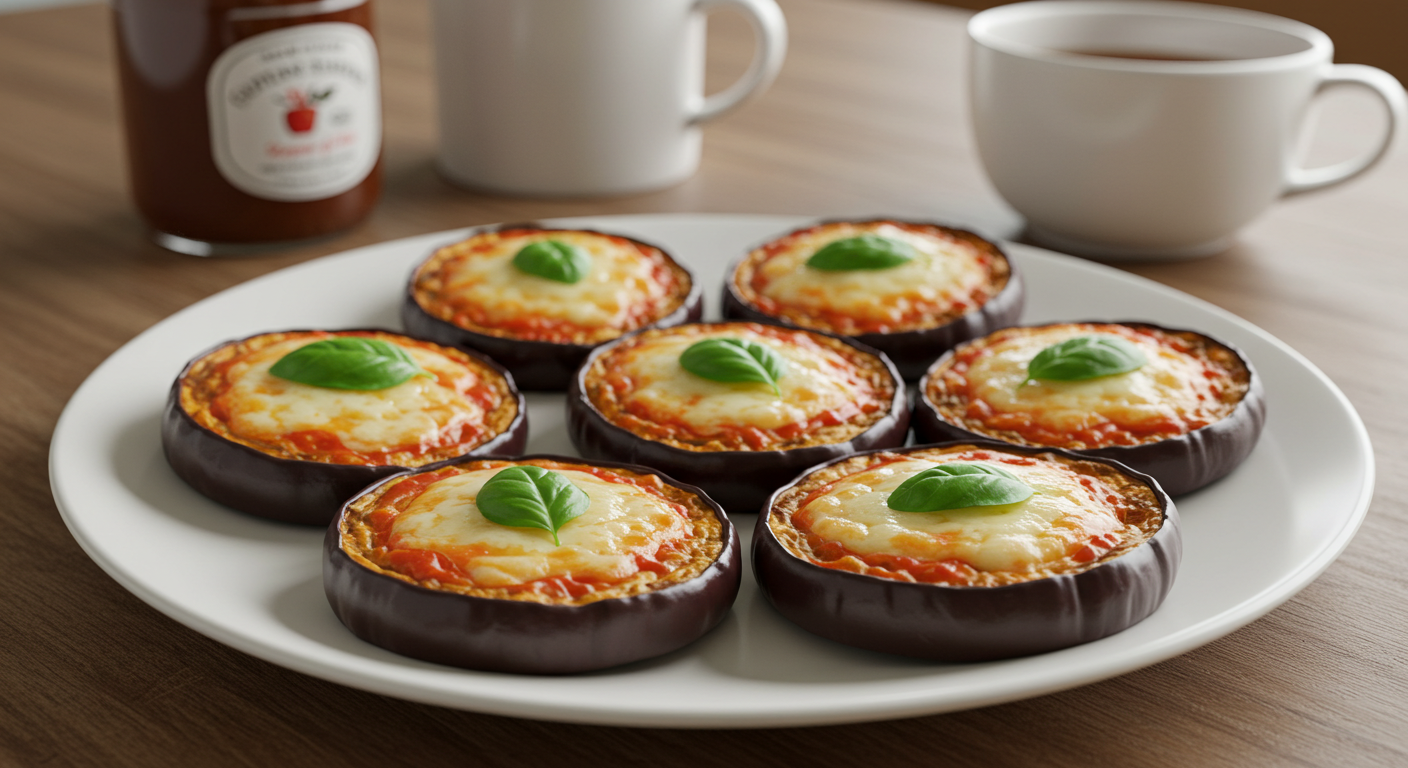 흰 접시 위 가지 미니피자 여러 조각. 토마토소스와 녹아내린 모짜렐라, 바질 잎이 올려져 있고 가장자리는 살짝 갈색으로 노릇.