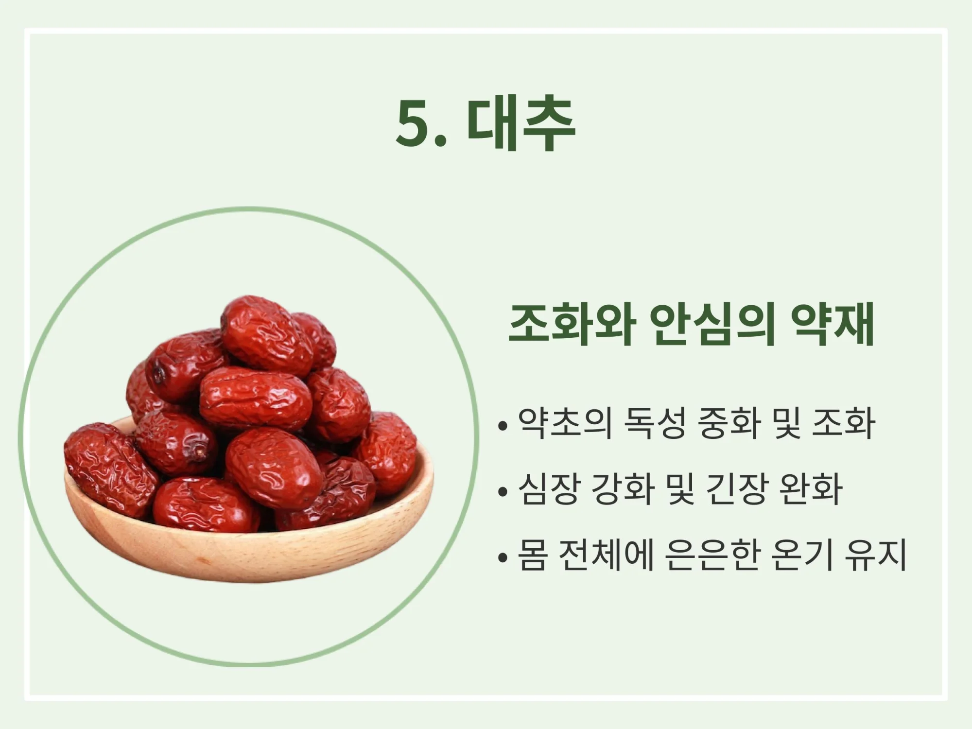 심장을 강화하고 몸 전체에 은은한 온기를 유지해 주는 조화와 안심의 약재 대추 효능