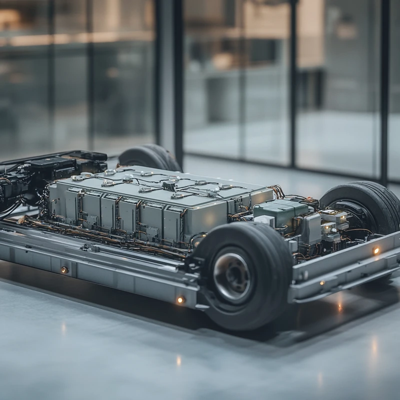 전기차 배터리 기술 클로즈업, 정교함과 혁신적 디자인 강조. 고해상도 포맷과 생동감 있는 조명