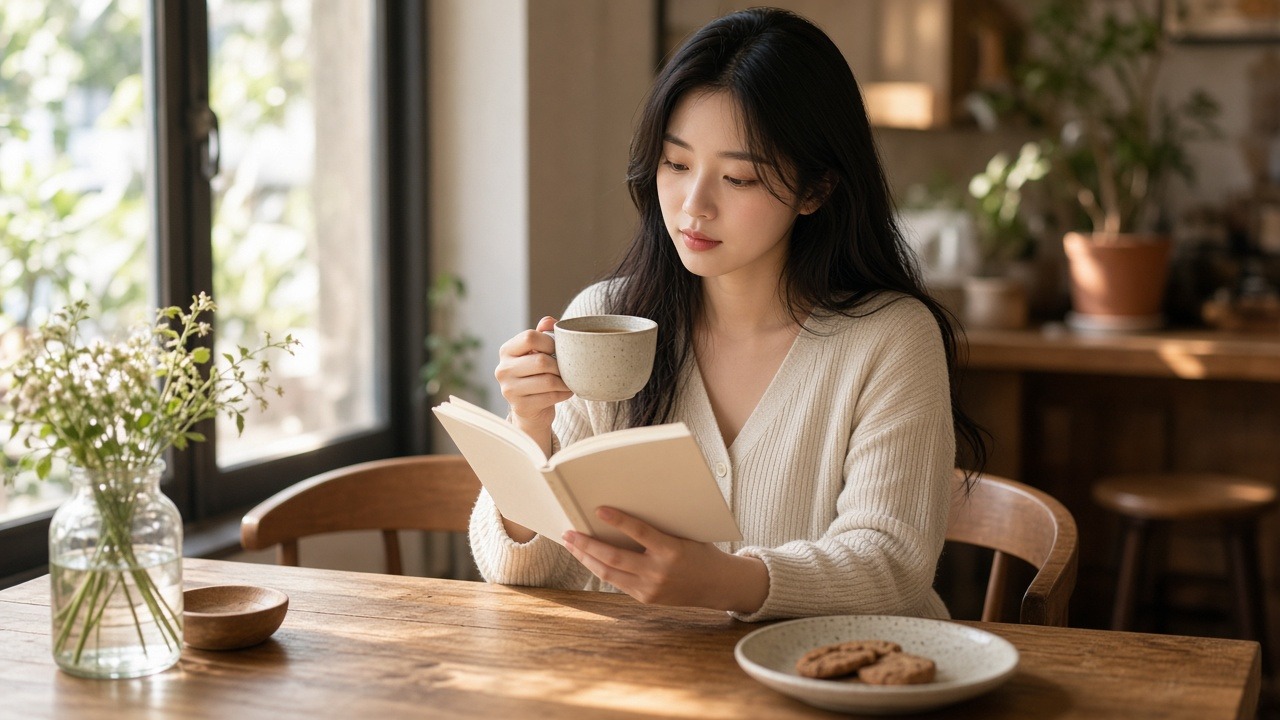햇살 드는 조용한 카페에서 따뜻한 차를 두고 책을 읽으며 쉬는 20대 한국인 여성