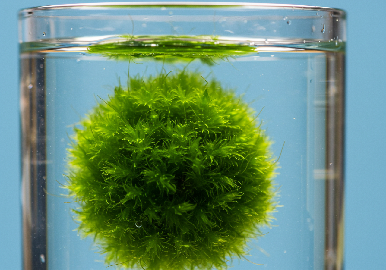 유리병 속 물속에서 자라는 둥근 마리모 클로즈업