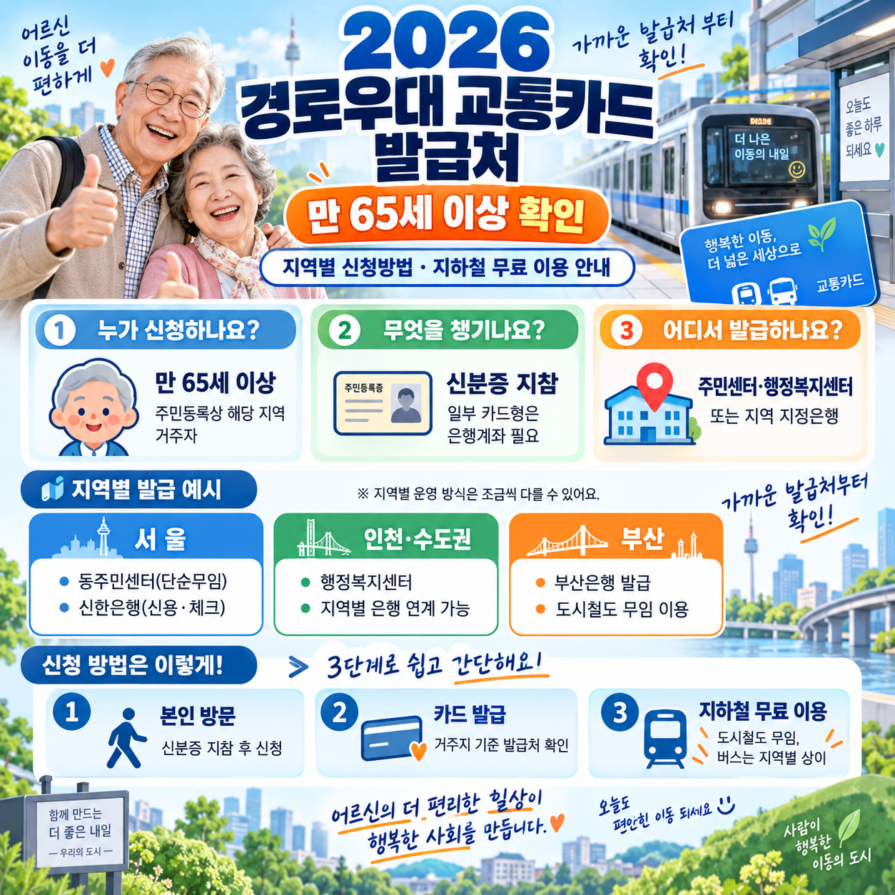 2026 경로우대 교통카드 발급처 ❘ 만 65세 이상 지역별 신청방법&middot;지하철 무료 이용 안내