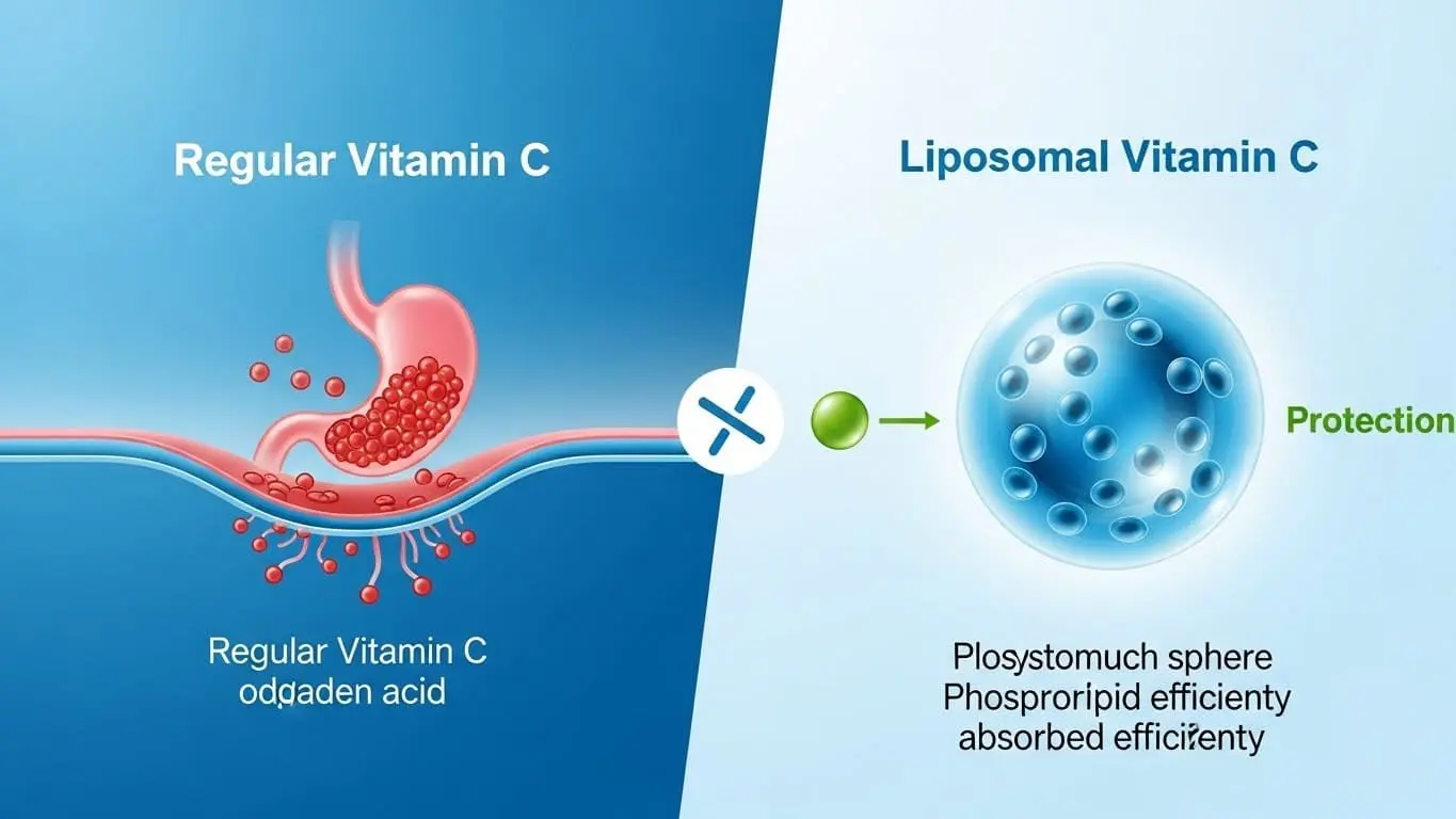 일반 비타민 C가 위산에 의해 분해되는 모습과, 인지질 구에 싸여 위산을 통과하여 장에서 효율적으로 흡수되는 리포좀 비타민 C를 비교하는 인포그래픽.