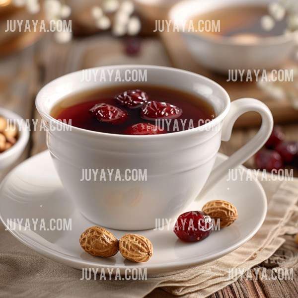 흰색 컵에 담긴 따뜻한 대추차와 땅콩 몇 알이 함께 놓인 아늑한 티타임 이미지. 겨울철 건강을 챙기는 대추차의 따뜻한 느낌을 강조.