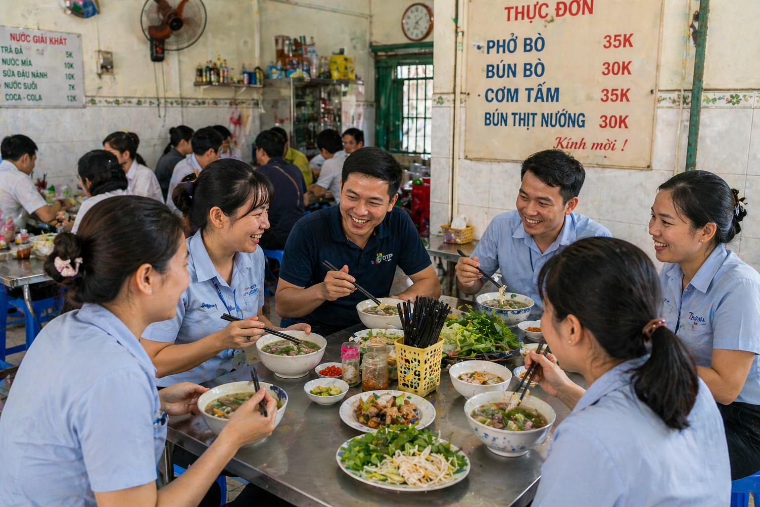 베트남 직원들이 로컬 식당에서 함께 점심 식사를 하며 웃고 있는 현지 일상 이미지