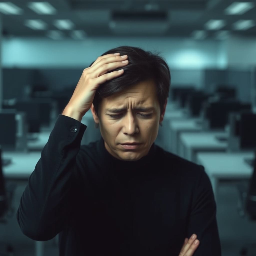 한 사람이 이마를 짚고 고통스러워하는 모습. 배경에는 사무실이나 실내 공간이 흐릿하게 보이며&amp;#44; 전반적으로 피곤하고 무기력한 분위기를 연출합니다. 