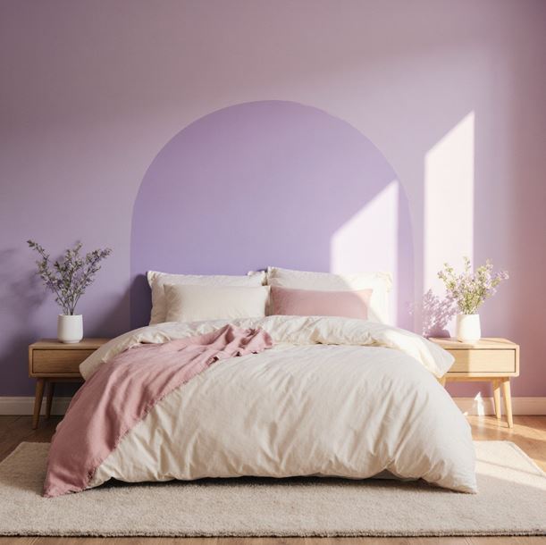 색상 심리학을 보여주는 침실 공간으로 연한 라벤더색 벽이 있는 침실에 크림색과 더스티 핑크 조합의 침대, 따뜻한 황금빛 간접조명이 벽면을 부드럽게 비추고, 작은 화이트 화분 2개, 내추럴 우드 톤 사이드 테이블이 있다.
평온하고 안정감 있는, 치유적인 느낌의 공간이다.