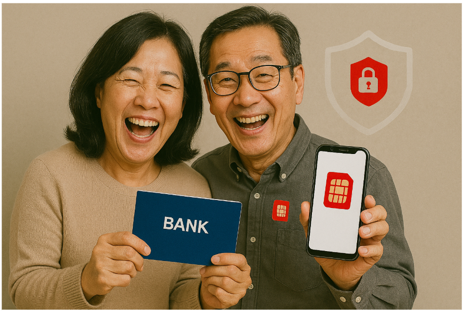 은퇴한 부부가 유심 교체로 은행 자산을 지키고 행복해 하는 모습