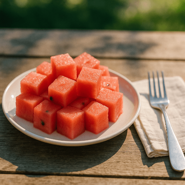 테이블 위 큐브로 잘라진 수박조각