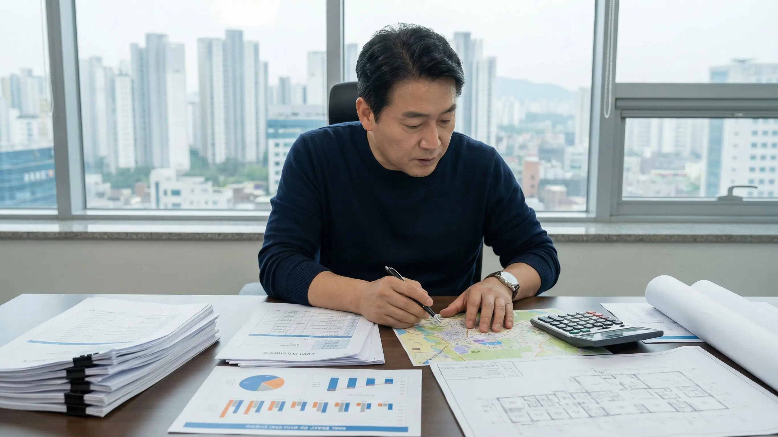 세금 계산기와 대출 서류를 꼼꼼히 검토하며 성공적인 부동산 투자 전략을 세우는 법인 대표의 모습