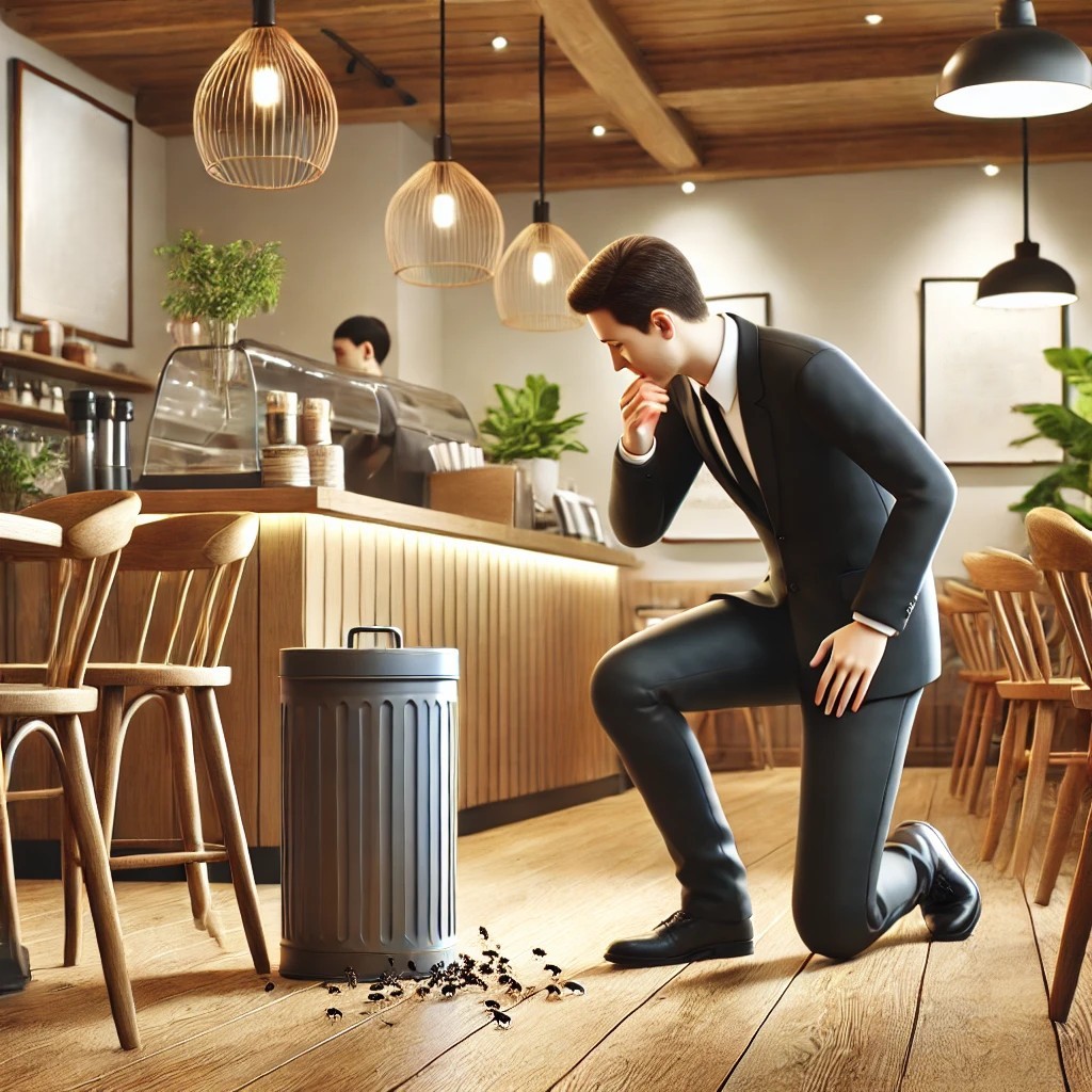 카페에 나타난 개미를 보고있는 사진