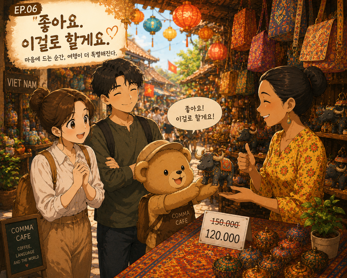 따뜻한 시장 골목에서 은돌이가 작은 코끼리 기념품을 들고 웃고, 쉼표와 푸름이 뒤에서 흐뭇하게 바라보는 COMMA CAFE 시리즈의 밝은 웹툰풍 장면