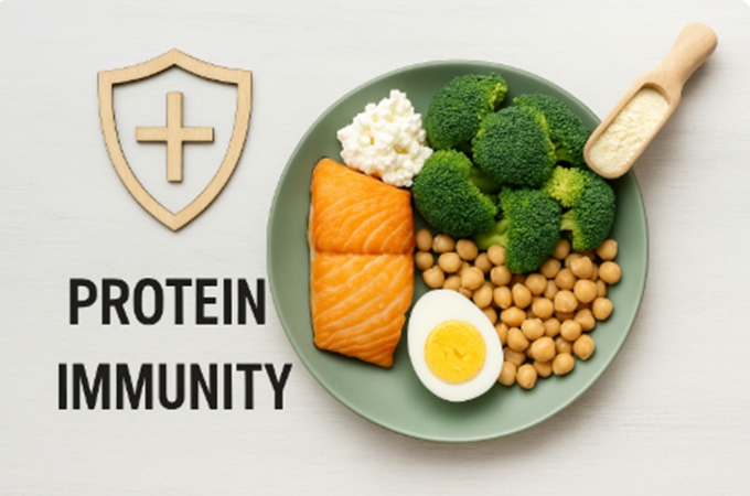 단백질이 풍부한 연어, 삶은 달걀, 병아리콩, 브로콜리, 코티지 치즈가 담긴 접시. 단백질이 면역세포 생성을 돕는 건강한 식단을 상징함.