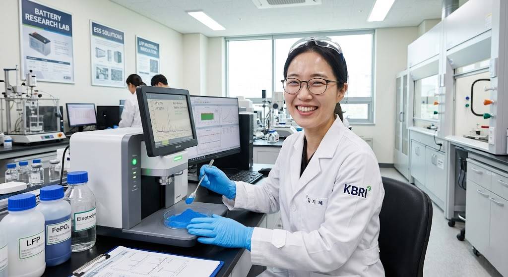 현대적인 배터리 연구소에서 한국인 연구원이 파란색 LFP 양극재 가루를 분석하며 밝게 웃는 모습의 실사 스타일 이미지